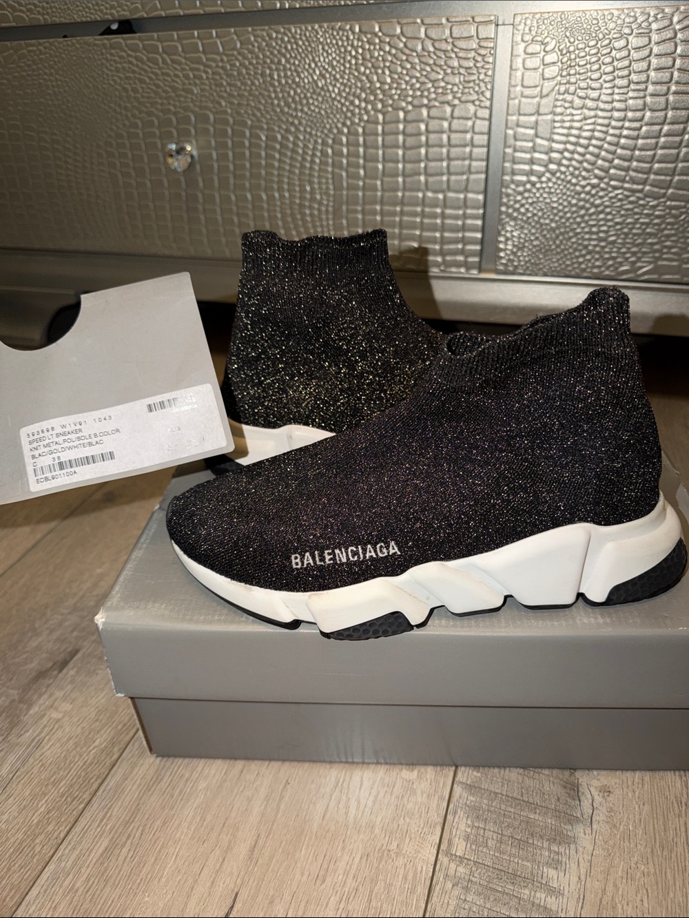 Balenciaga Womens Black Glitter Speed Trainer Sneakers